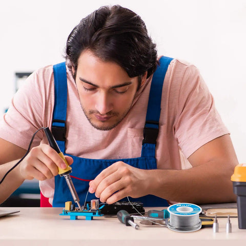 Person using soldering iron with Sixty Forty Rosin Core Solder Wire 0.8mm 100g for electrical soldering, Sn60Pb40 alloy.