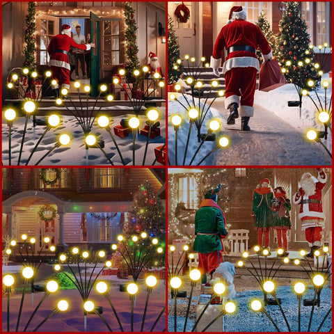 Solar Garden Lights Outdoor 4 Pack Swaying LED Fairy Lights Waterproof for yard pathway, festive holiday scene with Santa and decorations