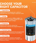 UL Certified Dual Round Run Capacitor 45/5 MFD 370V Or 440V 50/60 Hz CBB65 in front of informational guide