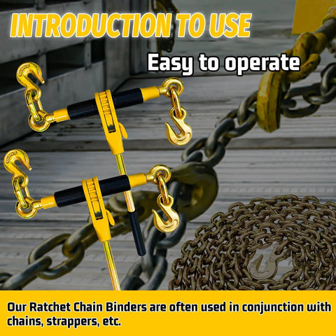 Heavy Duty 2 Pack Ratchet Chain Binders 5/16 To 3/8 Inch in use with steel chains on a trailer deck