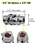 Three Quarter Inch 36 Spline to Three Quarter Inch Double D Beefy Steering Shaft U Joint Chrome Universal Joint Coupling For Vehicles Three And One Quarter Inch Overall Length Alloy Steel Construction Corrosion Resistant with measurements.
