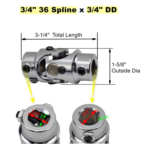 Three Quarter Inch 36 Spline to Three Quarter Inch Double D Beefy Steering Shaft U Joint Chrome Universal Joint Coupling For Vehicles Three And One Quarter Inch Overall Length Alloy Steel Construction Corrosion Resistant with measurements.