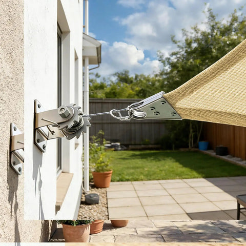 12 By 16 Foot Grey Rectangle Sun Shade Sail With Super Ring System UPF50Plus Heavy Duty 260Gsm Canopy installed on patio wall