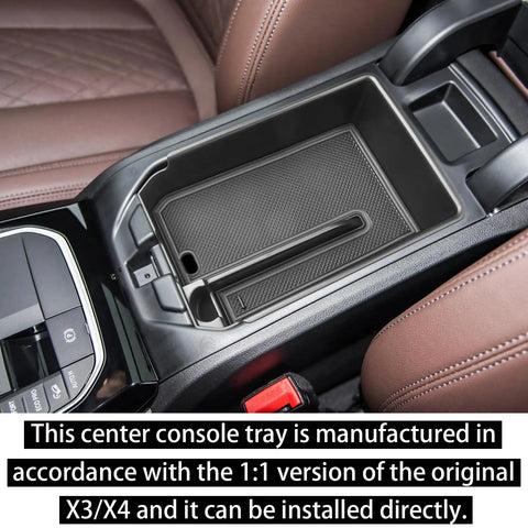 BMW X3 G01 2018-2024 and BMW X4 G02 2019-2025 center console organizer tray black in vehicle armrest view
