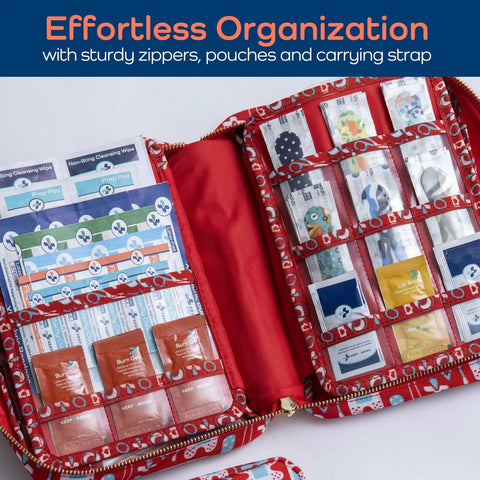 Open view of KeepGoing large kids' first aid kit, red zippered case with bandages and supplies, 270 pieces
