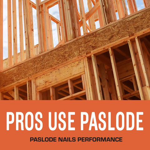 Framed wooden structure with slogan 'Pros Use Paslode' showcasing Paslode nails performance.