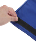 Close-up of Heavy Duty Flame Resistant Welding Sleeves 21 Inch Blue Cotton Arm Guards with black stretch band for secure fit.