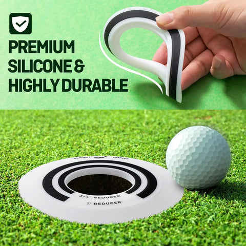 Close-up of the Golf Putting Ring Set For Indoor And Outdoor Practice with silicone is shown on grass with a golf ball nearby.