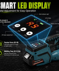 Heavy Duty Electric Strapping Gun With Digital Readout And Dual 4000mAh Batteries showing smart LED display for easy operation.