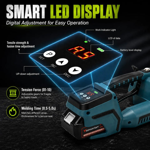 Heavy Duty Electric Strapping Gun With Digital Readout And Dual 4000mAh Batteries showing smart LED display for easy operation.