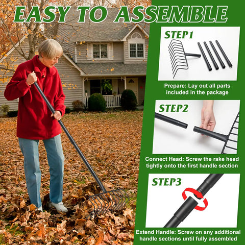 Heavy Duty Garden Rake For Leaves And Debris With 60 Inch Adjustable Handle, assembly instructions shown with woman raking leaves