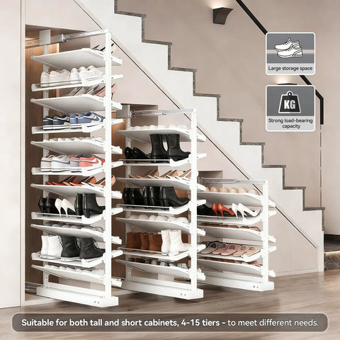 Heavy Duty Slide Out Shoe Rack Badass Adjustable Organizer With 4 To 15 Tiers For Closet Wardrobe And Under Stairs with multiple shoes.
