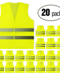 Front view of 20 Pack Yellow Hi Vis Reflective Safety Vests with 360 Degree Visibility and Silver Strips Mesh Lightweight for Work.