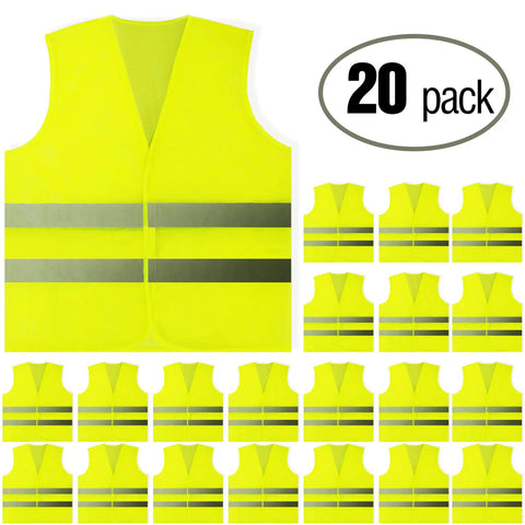 Front view of 20 Pack Yellow Hi Vis Reflective Safety Vests with 360 Degree Visibility and Silver Strips Mesh Lightweight for Work.