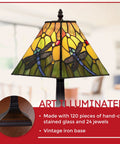 Geometric Tiffany Style White Jeweled Table Lamp With Crystal Glass Shade For Nightstand Vintage Stained Glass Vibe 15 Inch Tall Elegant Accent Light For Living Room Or Bedroom featuring dragonfly motif and matching base