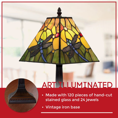 Geometric Tiffany Style White Jeweled Table Lamp With Crystal Glass Shade For Nightstand Vintage Stained Glass Vibe 15 Inch Tall Elegant Accent Light For Living Room Or Bedroom featuring dragonfly motif and matching base