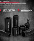 64 Piece One Quarter Inch Drive Impact Socket Set With Deep And Shallow Sockets Cr-V And S2 Power Bits Quick Release Ratchet Universal Joint Bit Holder Drill Adapter For Metric And SAE Fasteners Pro Grade Heavy Duty, showing black phosphate finish, heat-treated Chrome Vanadium sockets.