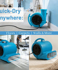 Air Mover Blower Fan 280W 1/2 HP Copper Motor Delivers 2500 CFM For Fast Carpet And Floor Drying in home and job site settings
