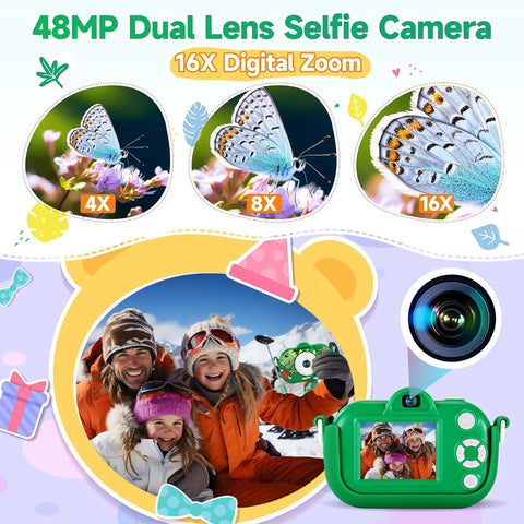 Awesome 48MP Dual Lens Kid Camera For Ages 3 To 9 With 1080P HD, green camera with family photo, close-up magnification features
