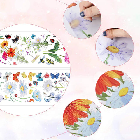 64 Pcs Flowers And Butterflies Wall Decals Peel And Stick Removable PVC Garden Murals For Nursery Bedroom And Office Decor Colorful Wildflowers Butterflies Dragonflies shown on sheets with close-up applications