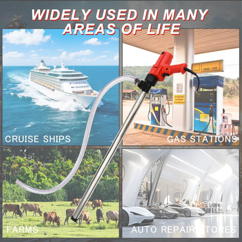 Heavy Duty Bad Boy Electric Drum Pump For 55 Gallon Barrels With 36 Inch Stainless Steel Tube And 6.6 Foot Wire Hose in various use environments.