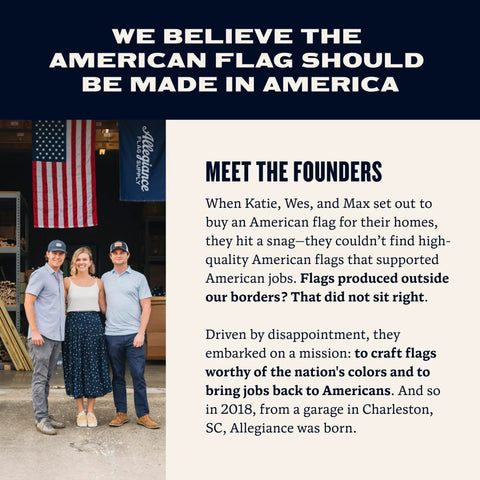 Three founders pose outside with Made In USA Outdoor 3x5 American Flag With Premium 200D Nylon Embroidered Stars Hand Sewn Stripes