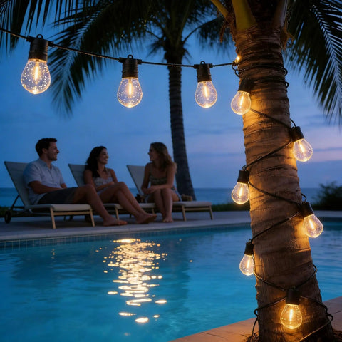 24-Pack LED S14 String Light Bulbs, 1W Shatterproof Plastic Edison Style illuminating outdoor poolside evening