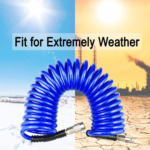 Flexible Polyurethane Recoil Air Hose, One Quarter Inch Inner Diameter, Ten Feet Blue with Bend Restrictor and Quick Coupler
