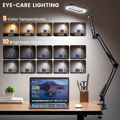 10X Rectangular Lighted Magnifier With Clamp Three Arm Design and Five Color Modes shown on desk with lighting levels