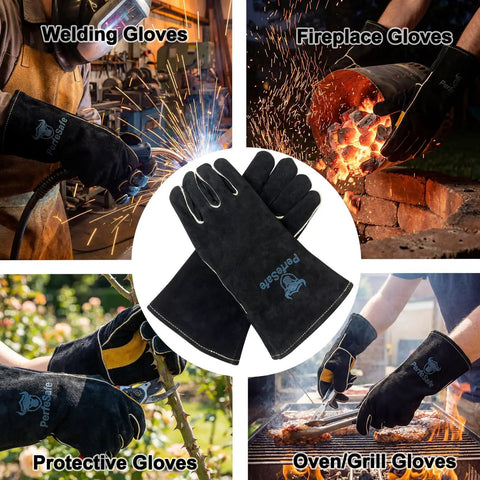 Collage showing 14 Inch Heavy Duty Leather Welding Gloves With Soft Lining, 932 F Heat Resistant Mitts in various uses.