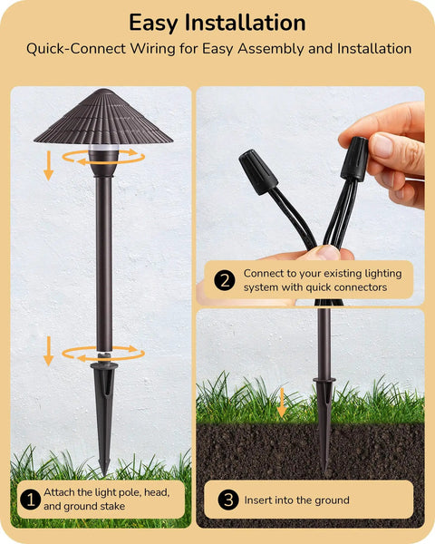 3-step installation guide for 5CCT Low Voltage Pathway Lights 12V 3W 160LM Aluminum Waterproof Outdoor Landscape Lights