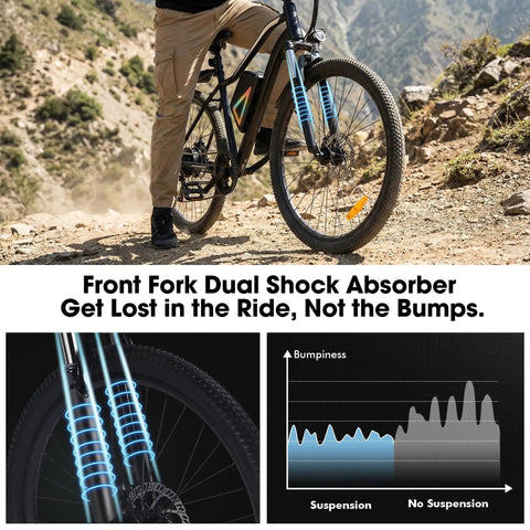 All Terrain Electric Mountain Bike With 1000W Peak Power featuring front fork suspension on rocky terrain