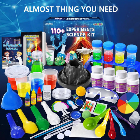 Totally 110 Plus Science Experiments Kit For Kids With Volcano Eruption Chemistry Set And More STEM Toys displayed with tools