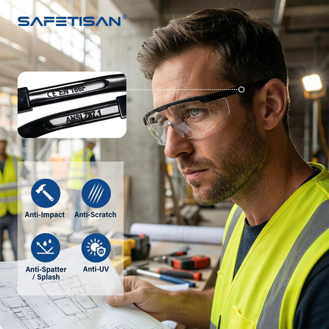 Tough As Nails Clear Safety Glasses Heavy Duty Bulk Pack Featuring Adjustable Temples And Side Shields Ansi Z87 Rated Impact Proof Protective Eyewear For Job Site And Lab Setup worn by a worker reviewing plans.