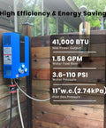On Demand Propane Tankless Water Heater 6L Portable For RVs Boats And Campsites mounted outdoors, 41,000 BTU, 1.58 GPM.