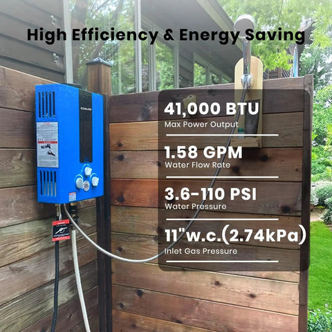 On Demand Propane Tankless Water Heater 6L Portable For RVs Boats And Campsites mounted outdoors, 41,000 BTU, 1.58 GPM.