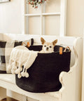 Black Cotton Rope Storage Basket With Real Leather Handles Big 20x13 Inch Blanket And Toy Organizer For The Living Room
