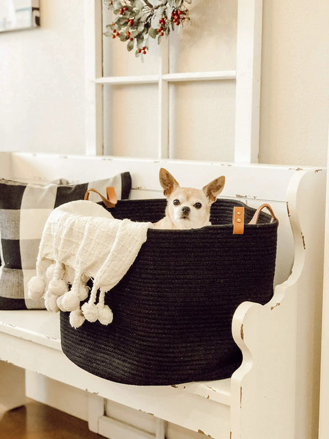 Black Cotton Rope Storage Basket With Real Leather Handles Big 20x13 Inch Blanket And Toy Organizer For The Living Room