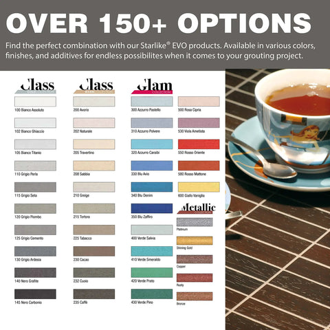 Color options chart for Starlike EVO 113 Neutro Epoxy Grout Base With Metallic Additives next to a tea cup on tile surface.