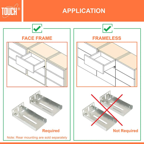 Diagram of drawer slides application for face frame and frameless cabinets with mounting details