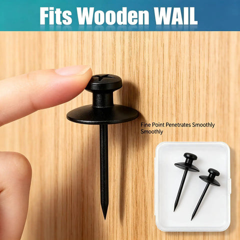 Sleek Double Headed Picture Hanging Nails For Drywall Renter Friendly Push Pins With Hand Protector Set Of 50 All Black Thumb Tacks on wooden wall
