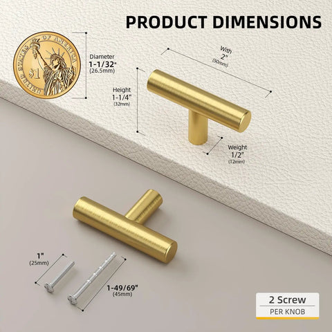 Dimensions of 10 Pack Gold Cabinet Knobs Brushed Brass Drawer Knobs For Kitchen Cabinets Closet Doors Gold Dresser Hardware Single Hole Handles Two Inch Overall Length shown with coins and screws