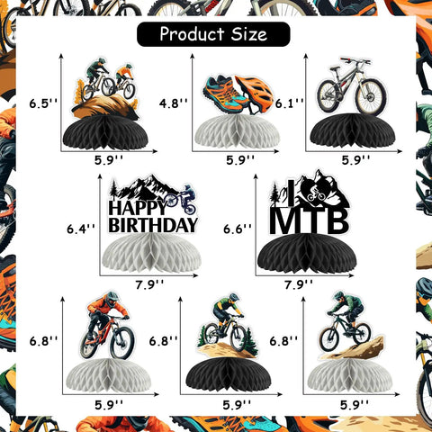 Eight Piece Mountain Bike Birthday Honeycomb Centerpieces With Clips For Teens And Adults BMX Style Party Table Toppers