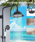 Matte Black Outdoor Shower System With 8 Inch Rain Shower Head, Handheld Spray, Tub Spout, Two Cross Handles, Wall Mounted Faucet Set, Solid Brass Construction For Bathroom Or Backyard against a tropical beach backdrop.