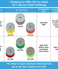 Grit chart for Pro Grade 4 Inch Diamond Polishing Pads Set showing grits 50, 100, 200, 400, 800, 1500, usage, and RPM instructions.