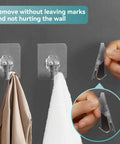 Heavy Duty Sticky Hooks No Drill Hassle, Clear Self Adhesive Wall Tacks For Kitchen Bathroom And Shower, showing hooks holding a towel and jacket.