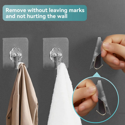 Heavy Duty Sticky Hooks No Drill Hassle, Clear Self Adhesive Wall Tacks For Kitchen Bathroom And Shower, showing hooks holding a towel and jacket.