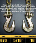 Beefy Heavy Duty 5/16 Inch 16 Feet Transport Chain 2 Pack Grade 70 Tow Chain With Clevis Grab Hooks shown in detail