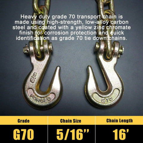 Beefy Heavy Duty 5/16 Inch 16 Feet Transport Chain 2 Pack Grade 70 Tow Chain With Clevis Grab Hooks shown in detail