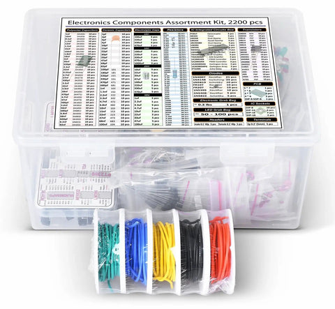Electronic Components Grab Bag Kit With ICs, Op Amps, Resistors, Polyester Capacitors, LEDs, PCBs, Diodes, 2200 Pieces in box